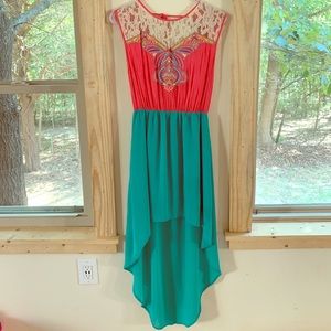 High Low Coral and Turquoise Dress